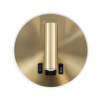 GloboStar® LADY-R 60940 Μοντέρνο Φωτιστικό Τοίχου - Απλίκα Ξενοδοχείου Bed Side LED 6W 600lm 36° & 360° AC 220-240V - Reading Light & 360° Κρυφός Φωτισμός - Φορτιστής USB 3A - Φ15 x Υ7cm - Φυσικό Λευκό 4500K - Χρυσό Βούρτσας
