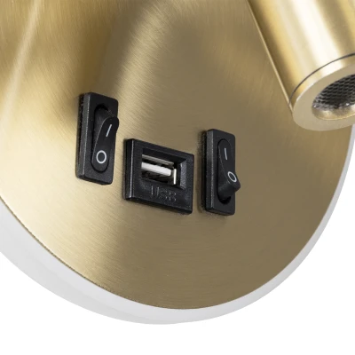 GloboStar® LADY-R 60940 Μοντέρνο Φωτιστικό Τοίχου - Απλίκα Ξενοδοχείου Bed Side LED 6W 600lm 36° & 360° AC 220-240V - Reading Light & 360° Κρυφός Φωτισμός - Φορτιστής USB 3A - Φ15 x Υ7cm - Φυσικό Λευκό 4500K - Χρυσό Βούρτσας
