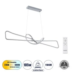 Κρεμαστό φωτιστικό DOLORES LED CCT 105W 11760lm με δέσμη 300° και εναλλαγή φωτισμού μέσω τηλεχειριστηρίου All In One Dimmable Μ110 x Π17 x Υ17.5cm σε νίκελ χρώμα Μ110 x Π17 x Υ17.5cm