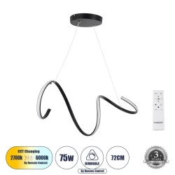Κρεμαστό Φωτιστικό SPIRALE Design LED CCT 75W 8400lm 300° AC 220-240V - Εναλλαγή Φωτισμού μέσω Τηλεχειριστηρίου All In One-Dimmable Μ72 x Π25 x Υ18cm - Μαύρο