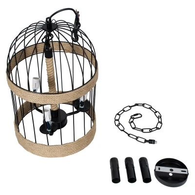 GloboStar® MERLIN 00865 Vintage Κρεμαστό Φωτιστικό Πλέγμα Τρίφωτο 3 x E14 IP20 Μαύρο Μέταλλο με Μπεζ Σχοινί - Μ28 x Π28 x Υ40cm