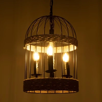 GloboStar® MERLIN 00865 Vintage Κρεμαστό Φωτιστικό Πλέγμα Τρίφωτο 3 x E14 IP20 Μαύρο Μέταλλο με Μπεζ Σχοινί - Μ28 x Π28 x Υ40cm