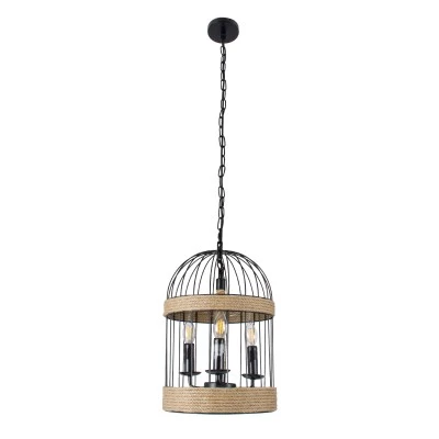 GloboStar® MERLIN 00865 Vintage Κρεμαστό Φωτιστικό Πλέγμα Τρίφωτο 3 x E14 IP20 Μαύρο Μέταλλο με Μπεζ Σχοινί - Μ28 x Π28 x Υ40cm