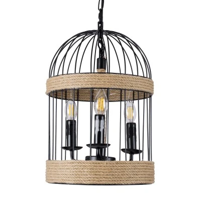 GloboStar® MERLIN 00865 Vintage Κρεμαστό Φωτιστικό Πλέγμα Τρίφωτο 3 x E14 IP20 Μαύρο Μέταλλο με Μπεζ Σχοινί - Μ28 x Π28 x Υ40cm