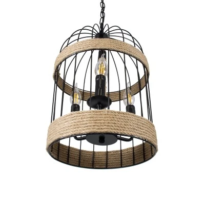 GloboStar® MERLIN 00865 Vintage Κρεμαστό Φωτιστικό Πλέγμα Τρίφωτο 3 x E14 IP20 Μαύρο Μέταλλο με Μπεζ Σχοινί - Μ28 x Π28 x Υ40cm