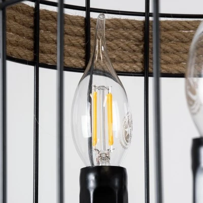 GloboStar® MERLIN 00865 Vintage Κρεμαστό Φωτιστικό Πλέγμα Τρίφωτο 3 x E14 IP20 Μαύρο Μέταλλο με Μπεζ Σχοινί - Μ28 x Π28 x Υ40cm