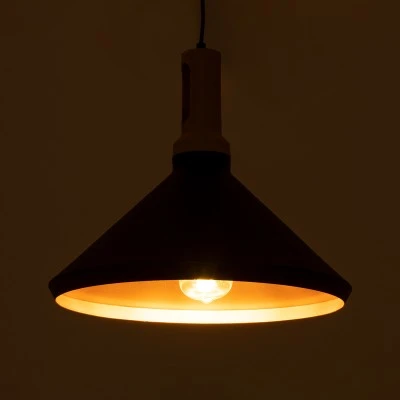 GloboStar® CALYPSO 01334-A Μοντέρνο Κρεμαστό Φωτιστικό Καμπάνα Μονόφωτο 1 x E27 IP20 Μαύρο & Χρυσό Μέταλλο με Μπεζ Ξύλο - Μ36 x Π36 x Υ30cm