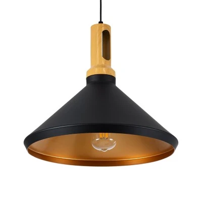 GloboStar® CALYPSO 01334-A Μοντέρνο Κρεμαστό Φωτιστικό Καμπάνα Μονόφωτο 1 x E27 IP20 Μαύρο & Χρυσό Μέταλλο με Μπεζ Ξύλο - Μ36 x Π36 x Υ30cm