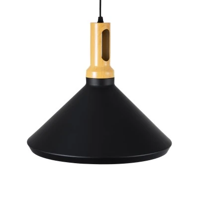 GloboStar® CALYPSO 01334-A Μοντέρνο Κρεμαστό Φωτιστικό Καμπάνα Μονόφωτο 1 x E27 IP20 Μαύρο & Χρυσό Μέταλλο με Μπεζ Ξύλο - Μ36 x Π36 x Υ30cm