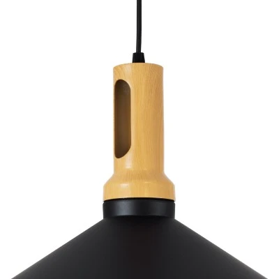 GloboStar® CALYPSO 01334-A Μοντέρνο Κρεμαστό Φωτιστικό Καμπάνα Μονόφωτο 1 x E27 IP20 Μαύρο & Χρυσό Μέταλλο με Μπεζ Ξύλο - Μ36 x Π36 x Υ30cm