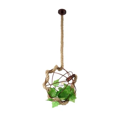 GloboStar® BRADLEY 01660 Vintage Κρεμαστό Φωτιστικό Πλέγμα Μονόφωτο 1 x E27 IP20 Μπεζ Σχοινί, Πράσινο Πλαστικό με Χάλκινο Μέταλλο - Μ33 x Π33 x Y33cm