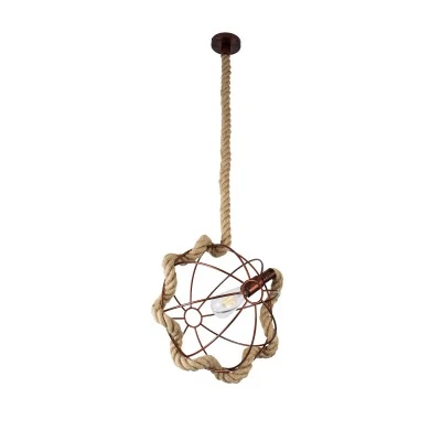 GloboStar® BRADLEY 01660 Vintage Κρεμαστό Φωτιστικό Πλέγμα Μονόφωτο 1 x E27 IP20 Μπεζ Σχοινί, Πράσινο Πλαστικό με Χάλκινο Μέταλλο - Μ33 x Π33 x Y33cm