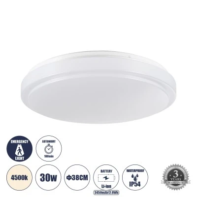 GloboStar® EMERGANO 60993 Πλαφονιέρα Οροφής LED 30W 2850lm 120° AC 220-240V με Ενσωματωμένο Σύστημα Emergency Li-ion 3450mAh/12.8Wh με Αυτονομία 3hrs - Αδιάβροχη IP54 Φ38 x Υ5.3cm Φυσικό Λευκό 4500K - Λευκό - Bridgelux Chips - 3 Years Warranty