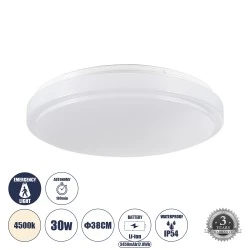 Πλαφονιέρα Οροφής LED EMERGANO 30W 2850lm 120° AC 220-240V με Ενσωματωμένο Σύστημα Emergency Li-ion 3450mAh/12.8Wh με Αυτονομία 3hrs - Αδιάβροχη IP54 Φ38 x Υ5.3cm Φυσικό Λευκό 4500K - Λευκό