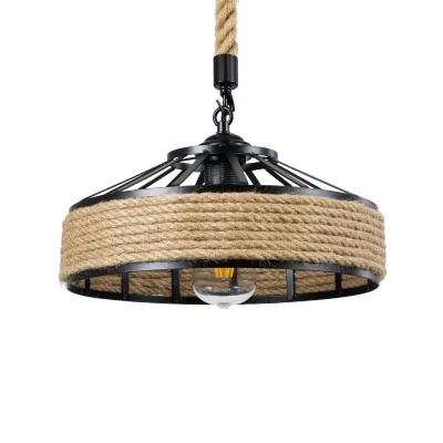 Κρεμαστό φωτιστικό οροφής vintage σειρά SAHARA μονόφωτο μαύρο μεταλλικό 1xE27 AC220-240V IP20 με μπεζ σχοινί Μ31xΠ31xΥ14cm
