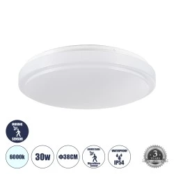 Πλαφονιέρα Οροφής LED SENSORANO 30W 3000lm 120° AC 220-240V με Ενσωματωμένο Σύστημα Ρυθμιζόμενου Microwave Αισθητήρα Κίνησης - Αδιάβροχη IP54 Φ38 x Υ5.3cm Ψυχρό Λευκό 6000K - Λευκό 