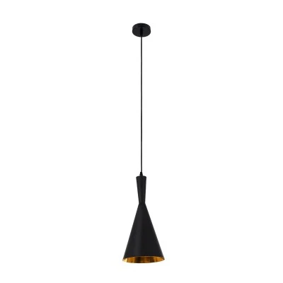 GloboStar® SHANGHAI 01025-C Μοντέρνο Κρεμαστό Φωτιστικό Καμπάνα Μονόφωτο 1 x E27 IP20 Μαύρο & Χρυσό Μέταλλο - Μ19 x Π19 x Υ38cm