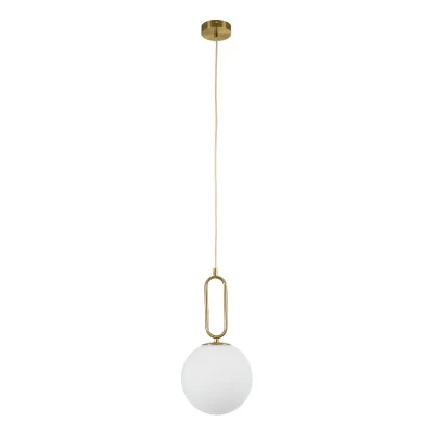 GloboStar® BELLISSIMO 61486 Μοντέρνο Κρεμαστό Φωτιστικό Οροφής Μονόφωτο 1 x E27 Γαλακτερή Γυάλινη Μπάλα με Μεταλλικό Επιχρυσωμενό Πλατίνα Σώμα Φ20 x Υ42cm