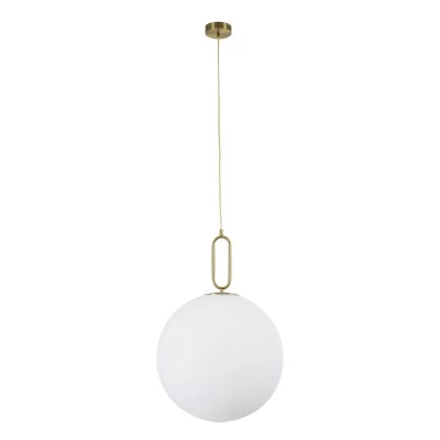 GloboStar® BELLISSIMO 61488 Μοντέρνο Κρεμαστό Φωτιστικό Οροφής Μονόφωτο 1 x E27 Γαλακτερή Γυάλινη Μπάλα με Μεταλλικό Επιχρυσωμενό Πλατίνα Σώμα Φ40 x Υ62cm