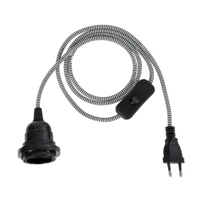 Μοντέρνο κρεμαστό υφασμάτινο καλώδιο Whip μονόφωτο με μαύρο διακόπτη ντουί 1xE27 & ροδέλα για καπέλο Φ5.8xΥ140cm