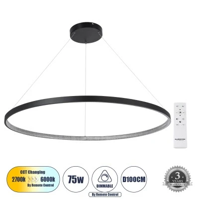 Κρεμαστό Φωτιστικό Δαχτυλίδι-Κύκλος LED DIAMOND CCT 75W 8400lm 360° AC 220-240V - Εναλλαγή Φωτισμού μέσω Τηλεχειριστηρίου All In One- Μαύρο GloboStar® DIAMOND 61519 Κρεμαστό Φωτιστικό Δαχτυλίδι-Κύκλος LED CCT 75W 8400lm 360° AC 220-240V - Εναλλαγή Φωτισμού μέσω Τηλεχειριστηρίου All In One Ψυχρό 6000k+Φυσικό 4500k+Θερμό 2700k Dimmable Φ100cm - Μαύρο - 3 Years Warranty