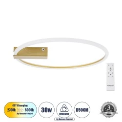 Φωτιστικό Οροφής Δαχτυλίδι-Κύκλος LED CINDERELLA CCT 30W 3360lm 360° AC 220-240V - Εναλλαγή Φωτισμού μέσω Τηλεχειριστηρίου All In One  - Χρυσό Βούρτσας