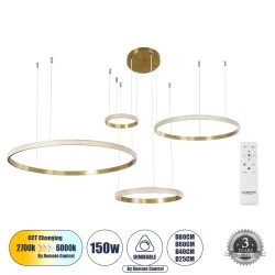 Κρεμαστό Φωτιστικό Δαχτυλίδι-Κύκλος LED DIAMOND TETRA CCT 150W 18379lm 360° AC 220-240V - Εναλλαγή Φωτισμού μέσω Τηλεχειριστηρίου All In One - Χρυσό Βούρτσας