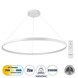 Κρεμαστό Φωτιστικό Δαχτυλίδι-Κύκλος LED DIAMOND CCT 75W 8400lm 360° AC 220-240V - Εναλλαγή Φωτισμού μέσω Τηλεχειριστηρίου All In One- Λευκό