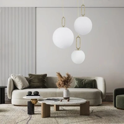 GloboStar® BELLISSIMO 61488 Μοντέρνο Κρεμαστό Φωτιστικό Οροφής Μονόφωτο 1 x E27 Γαλακτερή Γυάλινη Μπάλα με Μεταλλικό Επιχρυσωμενό Πλατίνα Σώμα Φ40 x Υ62cm