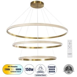 Κρεμαστό Φωτιστικό Δαχτυλίδι-Κύκλος LED DIAMOND TRIO CCT 150W 18379lm 360° AC 220-240V - Εναλλαγή Φωτισμού μέσω Τηλεχειριστηρίου All In One - Χρυσό Βούρτσας