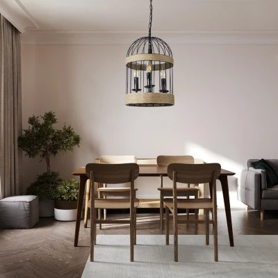 GloboStar® MERLIN 00865 Vintage Κρεμαστό Φωτιστικό Πλέγμα Τρίφωτο 3 x E14 IP20 Μαύρο Μέταλλο με Μπεζ Σχοινί - Μ28 x Π28 x Υ40cm