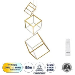 Κρεμαστό Φωτιστικό KIBOO-TRIO Design LED CCT 90W 10350lm 360° AC 220-240V - Εναλλαγή Φωτισμού μέσω Τηλεχειριστηρίου All In One - Χρυσό Πλατίνα 