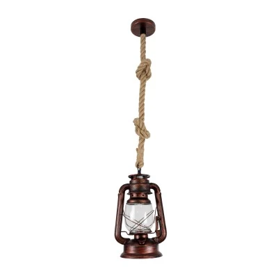 GloboStar® BARBAROSSA 01707 Vintage Κρεμαστό Φωτιστικό Ανάρτηση Μονόφωτο 1 x E27 IP20 Χάλκινο Μέταλλο, Διάφανο Γυαλί με Μπεζ Σχοινί - Μ18 x Π18 x Υ28cm