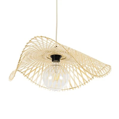 GloboStar® MELEMELE 01840 Boho Κρεμαστό Φωτιστικό Οροφής Μονόφωτο 1 x E27 AC220-240V IP20 - Φ50 x Υ7cm - Μπεζ Ξύλινο Μπαμπού Πλέγμα - 5 Χρόνια Εγγύηση
