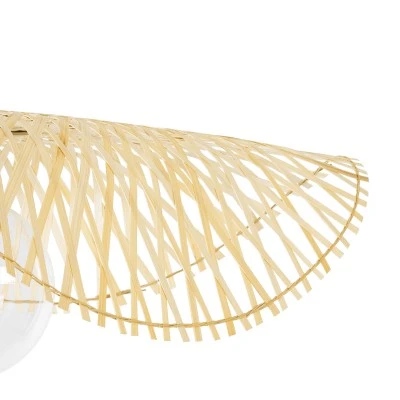 GloboStar® MELEMELE 01840 Boho Κρεμαστό Φωτιστικό Οροφής Μονόφωτο 1 x E27 AC220-240V IP20 - Φ50 x Υ7cm - Μπεζ Ξύλινο Μπαμπού Πλέγμα - 5 Χρόνια Εγγύηση