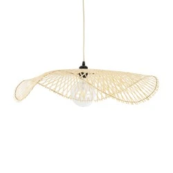 Boho Κρεμαστό Φωτιστικό MELEMELE Μονόφωτο 1 x E27 AC220-240V IP20 - Φ75 x Υ10cm - Μπεζ Ξύλινο Μπαμπού Πλέγμα