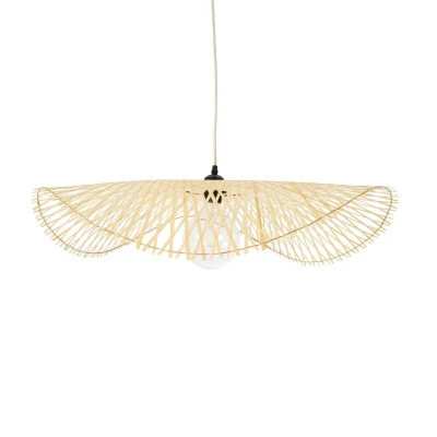 GloboStar® MELEMELE 01841 Boho Κρεμαστό Φωτιστικό Οροφής Μονόφωτο 1 x E27 AC220-240V IP20 - Φ75 x Υ10cm - Μπεζ Ξύλινο Μπαμπού Πλέγμα - 5 Χρόνια Εγγύηση