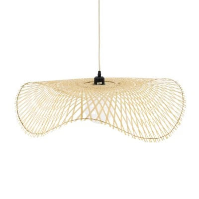 GloboStar® MELEMELE 01841 Boho Κρεμαστό Φωτιστικό Οροφής Μονόφωτο 1 x E27 AC220-240V IP20 - Φ75 x Υ10cm - Μπεζ Ξύλινο Μπαμπού Πλέγμα - 5 Χρόνια Εγγύηση