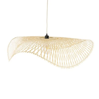 GloboStar® MELEMELE 01842 Boho Κρεμαστό Φωτιστικό Οροφής Μονόφωτο 1 x E27 AC220-240V IP20 - Φ100 x Υ12cm - Μπεζ Ξύλινο Μπαμπού Πλέγμα - 5 Χρόνια Εγγύηση