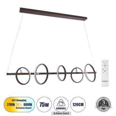 Κρεμαστό Φωτιστικό LED 75W 8400lm CCT (2700K/4500K/6000K), Dimmable με Τηλεχειριστήριο, 360°, Καφέ, 120x25x25cm