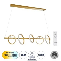 Κρεμαστό Φωτιστικό Design LED CCT 75W 8400lm 360° AC 220-240V - Εναλλαγή Φωτισμού μέσω Τηλεχειριστηρίου All In One Ψυχρό 6000k+Φυσικό 4500k+Θερμό 2700k Dimmable Μ120 x Π25 x Υ25cm - Χρυσό - 3 Χρόνια Εγγύηση