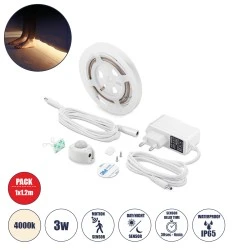 Σετ ταινία LED 1 x 1.2m 3W ενδιάμεσο χρώμα φωτός 300lm 2835 SMD 120° αδιάβροχη IP65 με τροφοδοτικό & 1 x ανιχνευτή κίνησης 360°