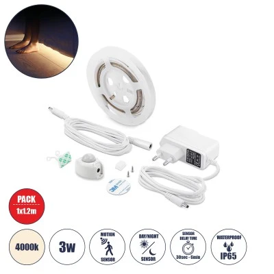 Σετ ταινία LED 1 x 1.2m 3W ενδιάμεσο χρώμα φωτός 300lm 2835 SMD 120° αδιάβροχη IP65 με τροφοδοτικό & 1 x ανιχνευτή κίνησης 360°