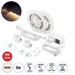 Ταινία LED κρυφού φωτισμού κρεβατιού 2 x 1.2m 6W 4000k 600lm 2835 SMD 120° IP65 με τροφοδοτικό & 2 x ανιχνευτή κίνησης 360° 