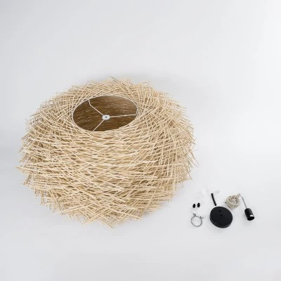 GloboStar® MINORCA 01786 Boho Κρεμαστό Φωτιστικό Πλέγμα Μονόφωτο 1 x E27 IP20 Μπεζ Ξύλο - Μ100 x Π100 x Υ45cm