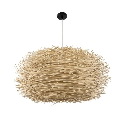 GloboStar® MINORCA 01786 Boho Κρεμαστό Φωτιστικό Πλέγμα Μονόφωτο 1 x E27 IP20 Μπεζ Ξύλο - Μ100 x Π100 x Υ45cm