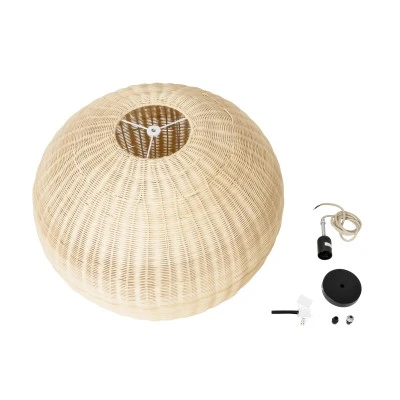 GloboStar® RAITO 01825 Boho Κρεμαστό Φωτιστικό Καμπάνα Μονόφωτο 1 x E27 IP20 Μπεζ Ξύλο - Μ60 x Π60 x Υ40cm