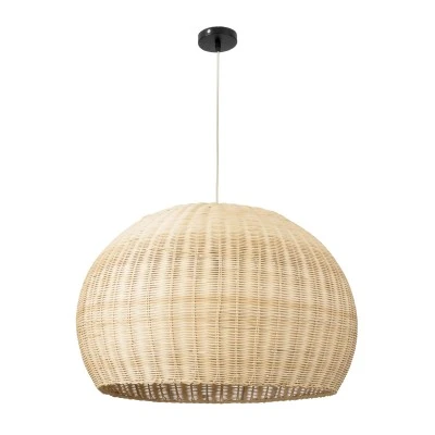 GloboStar® RAITO 01825 Boho Κρεμαστό Φωτιστικό Καμπάνα Μονόφωτο 1 x E27 IP20 Μπεζ Ξύλο - Μ60 x Π60 x Υ40cm