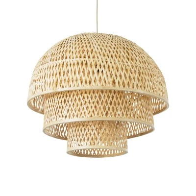 GloboStar® HIROKA 01836 Boho Κρεμαστό Φωτιστικό Οροφής Μονόφωτο 1 x E27 AC220-240V IP20 - Φ60 x Υ50cm - Μπεζ Ξύλινο Μπαμπού Πλέγμα - 5 Χρόνια Εγγύηση