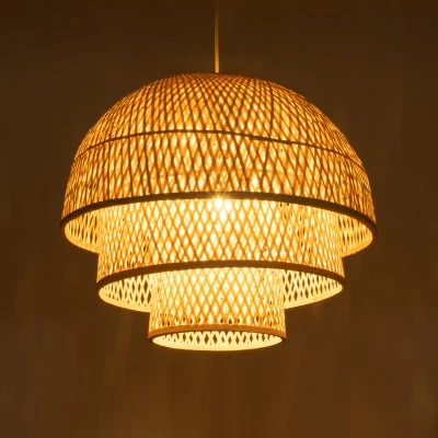 GloboStar® HIROKA 01836 Boho Κρεμαστό Φωτιστικό Οροφής Μονόφωτο 1 x E27 AC220-240V IP20 - Φ60 x Υ50cm - Μπεζ Ξύλινο Μπαμπού Πλέγμα - 5 Χρόνια Εγγύηση